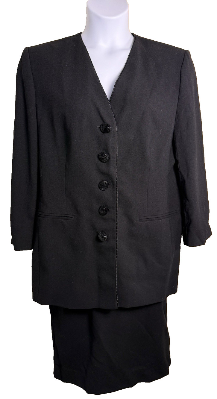 Vtg Jaeger Pure New Wool Women’s Suit 14 Jet Black Dark Academia Office Siren